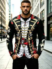American Pirate Skull Print Men's Long Sleeve Crew Neck T-Shirt - Multicolor - View 1