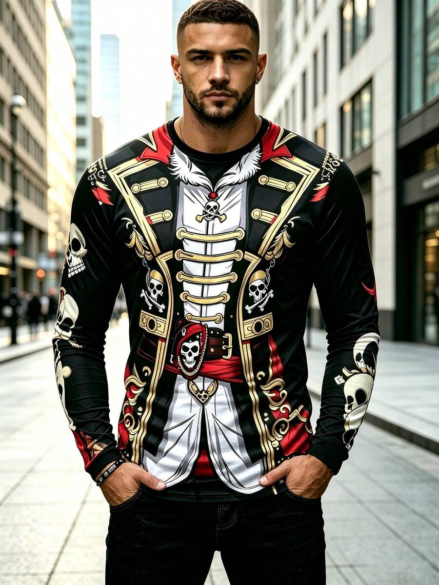 American Pirate Skull Print Men's Long Sleeve Crew Neck T-Shirt - Multicolor - View 1