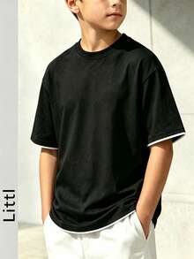 Boys Colorblock White Sleeve Pure Black Short Sleeve T-Shirt, Minimalist Round Neck Loose Fit Basic Kids T-Shirt - Black - View 9