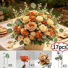 34pcs Artificial Autumn Warm Orange Flower Bouquet | Rose + Daisy + Apple Leaf Mixed Arrangement-No Maintenance, Indoor/Outdoor Shrub Decoration, Wedding, Thanksgiving, Harvest Festival, Housewarming Party, Anniversary And Other Autumn/Winter Holiday Centerpiece - Multicolor - View 13