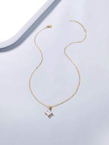 Nooxian 1件女款銅鑲鋯石方形吊墜項鍊，日常百搭疊戴飾品 - 金黃色 - 查看 7