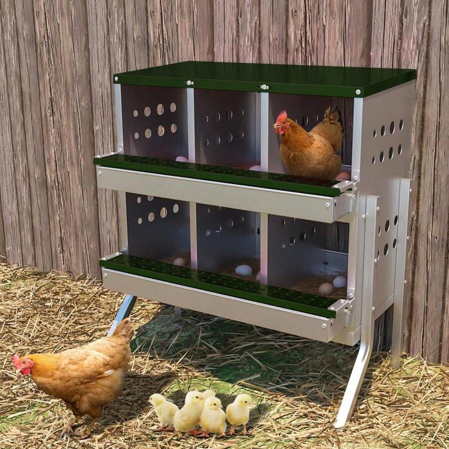 Galvanized Metal Chicken Nesting Box With 6 Roll Out Compartments, Perch Rod, Egg Tray & Training Eggs, Rustproof With Legs, Outdoor Poultry Laying Box For Farm Coop - Dark Green - View 1