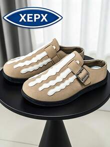 Khaki Men's Loafers Halloween New Color Striped Skull Closed-Toe Slippers Comfortable All-Season New Style Skate Shoes Men's Fashion Shoes Niche Design Slip-On British Style Shoes Business Casual Daily Walking Shoes, Vintage Round Toe Thick Sole Men's Formal Shoes Fashion Durable Casual Men's Shoes Plus Size Slouchy Shoes - Khaki - View 6