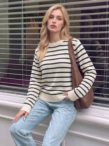 Nicenter Women's Fall Winter Wool Blend Sweater, Y2K Style Apricot & Navy Striped Long Sleeve Crewneck Oversized Knit Pullover Top For Daily Wear - Black and White - View 7