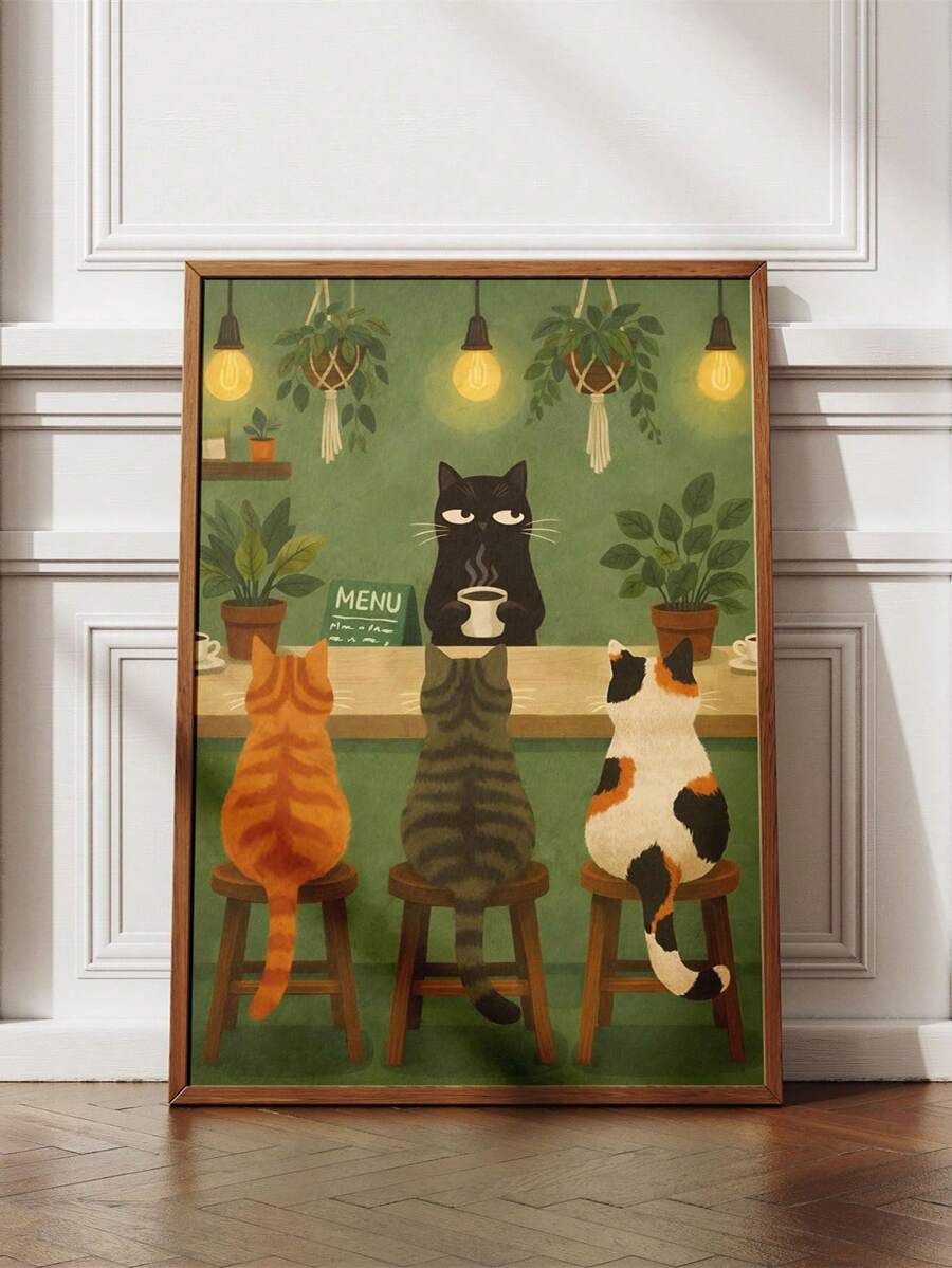 1 Piece, Cat Cafe Wall Art Print, Coffee Bar Cat Poster, Barista Cat, Fun Kitchen Decor, Unframed - Canvas Wall Art, Perfect For Home, Dorm, Living Room Decor, Birthday Graduation Gift. - A - View 1