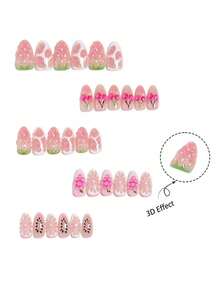 10pcs Medium Almond-Shaped Press-On Nail Set, Cute 3D Pink Fruit Strawberry, Cherry, Grape, Lemon And Water Drop Fake Nails, Japanese Sweet Summer Style, Suitable For Women And Girls Beach Vacation Outfit - Multicolor - View 3