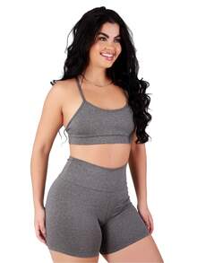 Work Fitness Kit 2 Set Backless Cross Strap Top And Basic Premium Shorts - Gris y Burdeos - Ver 5