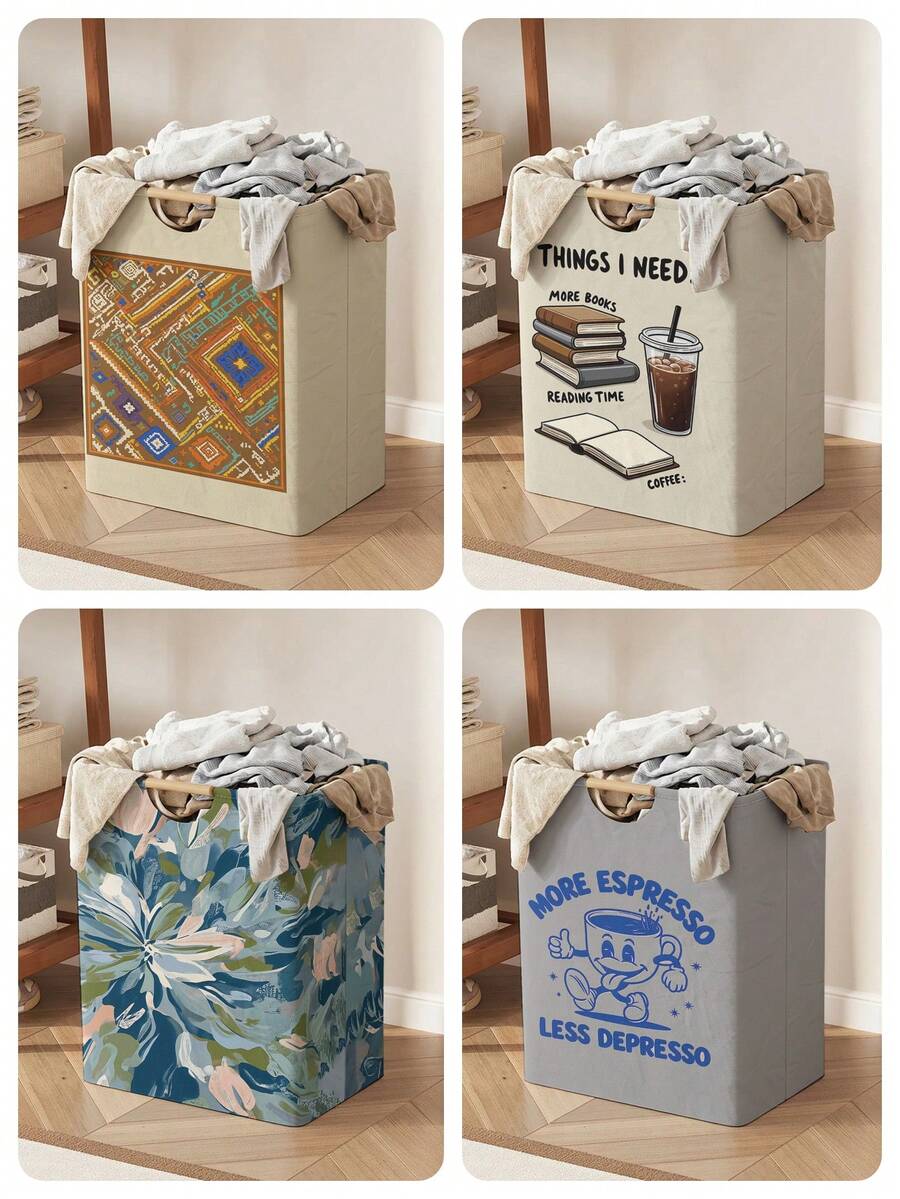 1pc Storage Basket, Laundry Basket, Washing Basket, Storage Bin, Fun Print Design, Foldable Multi-Purpose Storage Basket With Wooden Handle, Suitable For Daily Clothing Storage And Organization - Multicolor - View 1
