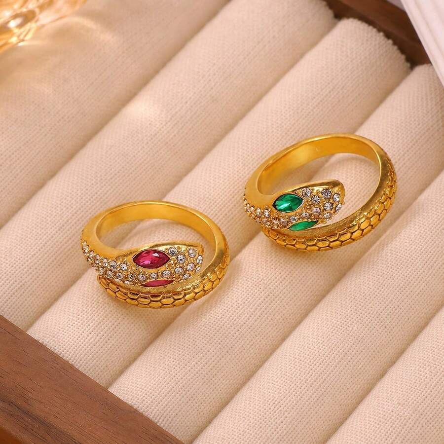 奢華不鏽鋼 18K 金鍍蛇頭戒指 - 黃色 - 查看 1