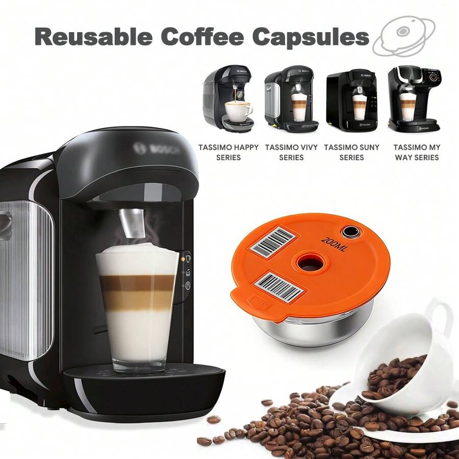 Tassimo 通用可重複使用不鏽鋼咖啡膠囊,4 種容量選項 (60/180/200/220ml) - 相容於 Tassimo 咖啡機膠囊,可重複使用濾杯,咖啡機配件 - 橘色 - 查看 1