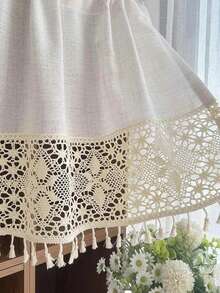 1Pc,Boho Beige Geometric Hollowed Crochet Tassel Short Curtain Retro Imitation Linen Half Curtain For Living Room Kitchen Homestay Decortive - Beige - View 5