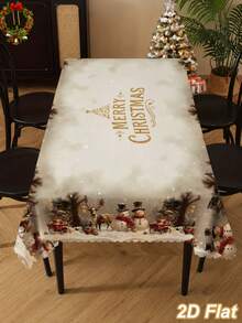 1Pc Christmas Rectangle Tablecloth With Scalloped Edge, Merry Christmas Table Cover With Snowman Reindeer Christmas Tree Pattern, Polyester Vintage Christmas Tablecloth, Merry Christmas Decoration, Xmas Decor, Christmas Table Decor, Holiday Home Decor - Christmas B - View 9