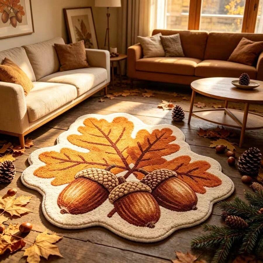 1PC Yellow Maple Leaf Hazelnut Nut Autumn Soft Comfortable Area Rug, Suitable For Living Room, Bedroom Or Study - Bedroom Decor, Home Leisure Carpet, Decorative Rug, Bedroom Decor, Small Rug, Carpet, Home Decor, Living Room Rug, Washable Carpet - Multicolor - View 1