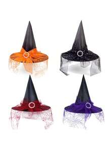 2pcs Vibrant Witch Hats - Dramatic Spider Web Veil Design, Classic Pointed Style, Ideal Costume Accessory For Themed Parties - Specifically For Women, Perfect For Halloween Parties And Gifts - Multicolor - View 1