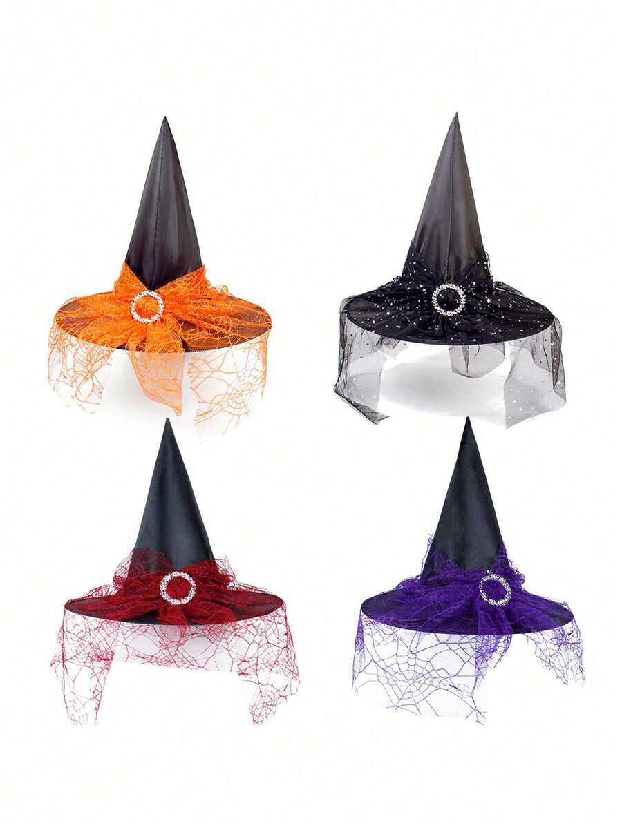 2pcs Vibrant Witch Hats - Dramatic Spider Web Veil Design, Classic Pointed Style, Ideal Costume Accessory For Themed Parties - Specifically For Women, Perfect For Halloween Parties And Gifts - Multicolor - View 1