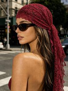 1PC Burgundy Crochet Headscarf For Women Floral Lace Triangle Bandana Boho Hollow Out Kerchief Vintage Hair Accessory - Burgundy - View 1