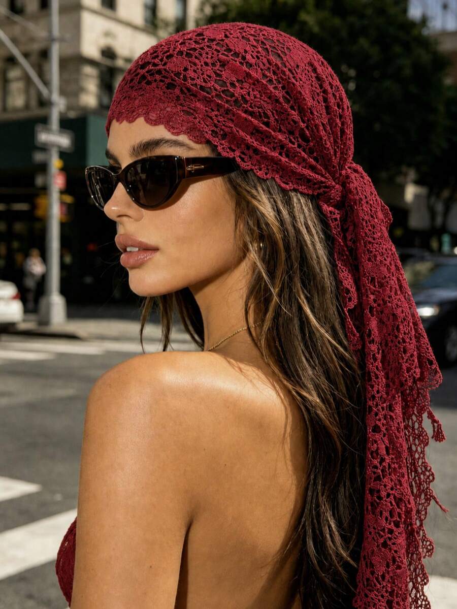 1PC Burgundy Crochet Headscarf For Women Floral Lace Triangle Bandana Boho Hollow Out Kerchief Vintage Hair Accessory - Burgundy - View 1