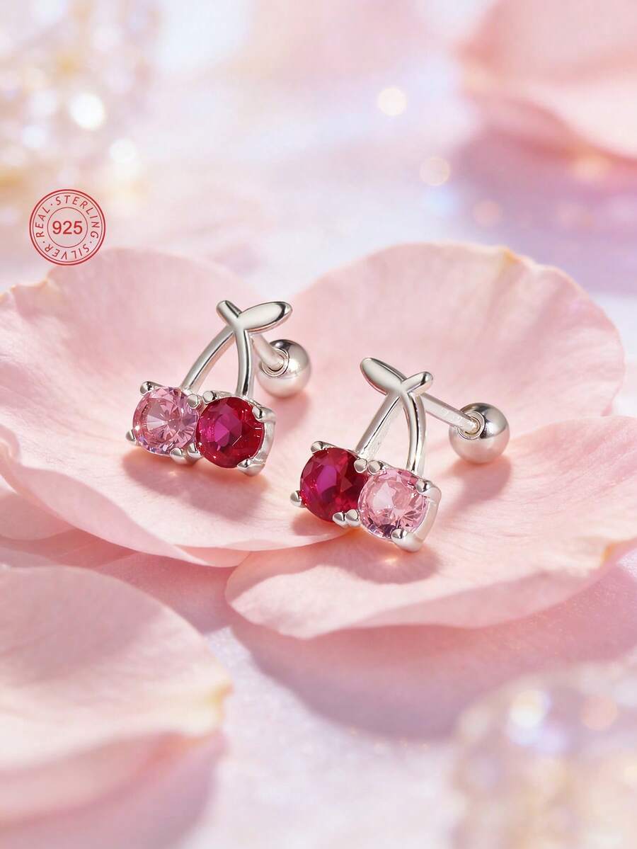 1 Pair 925 Sterling Silver Hypoallergenic Cherry Stud Earrings, Cute ...
