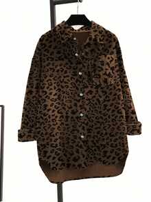 Blus Wanita Ukuran Besar Motif Leopard Lengan Panjang Berpotongan Lebar dengan Leher V, Panjang Standar, Atasan Musim Gugur yang Modis - Rust Brown - View 1