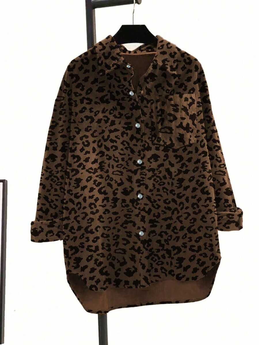 Blus Wanita Ukuran Besar Motif Leopard Lengan Panjang Berpotongan Lebar dengan Leher V, Panjang Standar, Atasan Musim Gugur yang Modis - Rust Brown - View 1