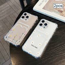 2pcs Floral Print Card Holder Transparent TPU Shockproof Full Coverage Protective Phone Case Compatible With Apple 11/12/13/14/15/16/17 Pro Max - Clear - View 2