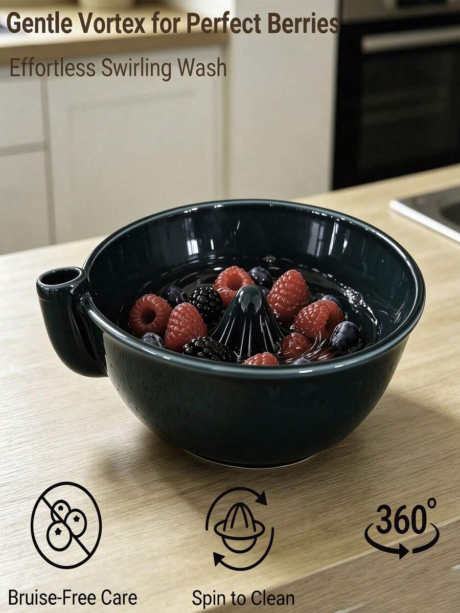 穿孔陶瓷莓果碗,自清洗莓果洗滌陶瓷碗,7英吋穿孔陶瓷莓果籃,旋轉功能自旋渦流陶瓷莓果洗滌碗,廚房檯面水果沖洗碗 - 彩色 - 查看 1