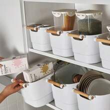 Double-Eared Storage Basket, Thickened Plastic Desktop Storage Box, Household Miscellaneous Storage Box With Wooden Handle - View 1