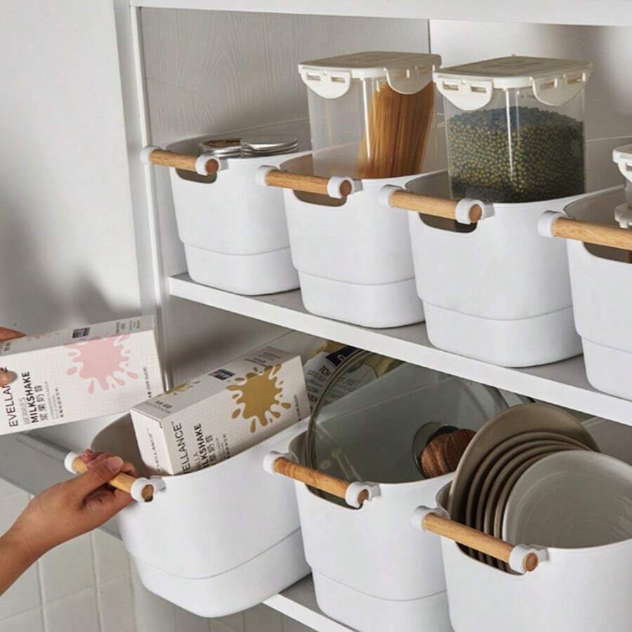 Double-Eared Storage Basket, Thickened Plastic Desktop Storage Box, Household Miscellaneous Storage Box With Wooden Handle - View 1