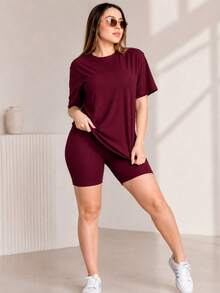 Conjunto casual moda dama de camiseta holgada tipo oversize y short tipo biker, casual verano cómodo - Tinto - Ver 1