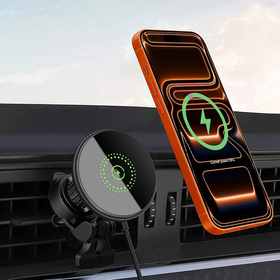 1件裝磁吸無線車用充電支架,20W快充出風口手機架,兼容MagSafe,360°旋轉車用導航支架 - 黑色 - 查看 1