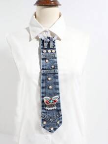 1PC Women's Fashion Elegant Faux Pearl Butterfly Accessory Tie, Suitable For Daily Shopping And Dating - Navy Blue - View 6