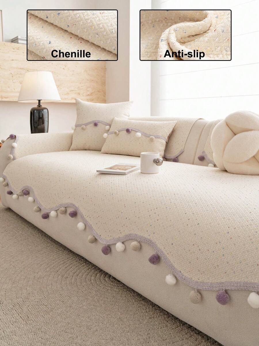 1pc Chenille Material Solid Color Pom Pom Tassel Sofa Cover, Non-Slip And Anti-Dirt Backing, Pet-Friendly, All-Season Use, Machine Washable, Home Decor Holiday Arrangement Old Sofa Renewal, Suitable For 1/2/3/4 Seat Armrest Backrest Cover - Beige - View 1