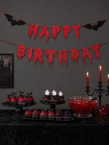 Red Glitter Happy Birthday Halloween Banner, Halloween Decoration - Halloween Hanging Paper Garland Triangular Flag Blood-Colored Bat Vampire Decor, Wall Home Fireplace Office Wall Photo Backdrop, Horror Party Supplies, Halloween Gift, Party Decoration, DIY Hanging Decor - A - View 6