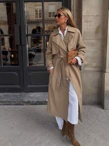 Risissida Women's Minimalist Long Trench Coat, Suitable For Spring And Autumn, With Belt And Pockets, Suitable For Any Occasion - Beige - View 1