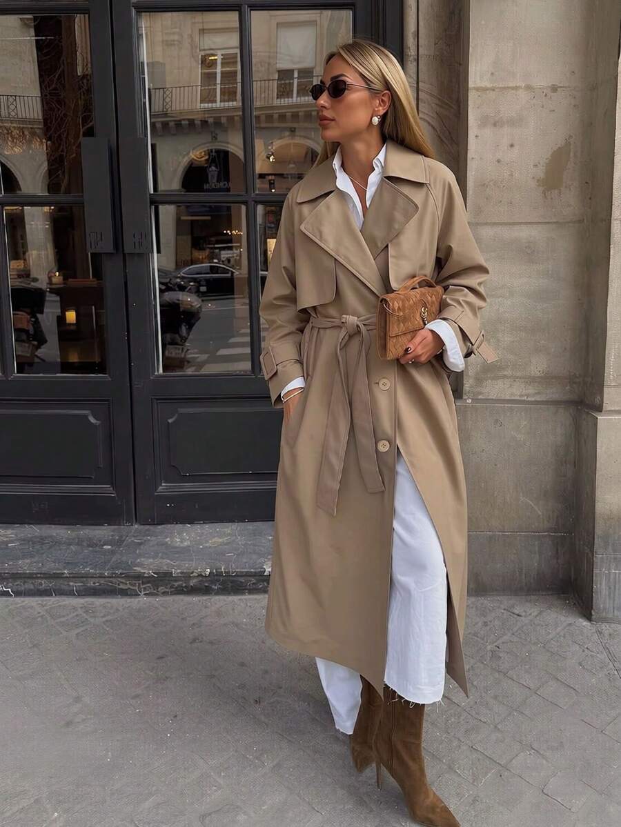 Risissida Women's Minimalist Long Trench Coat, Suitable For Spring And Autumn, With Belt And Pockets, Suitable For Any Occasion - Beige - View 1