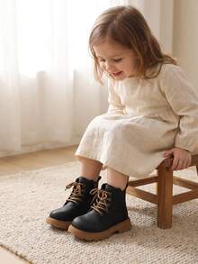 1 Pair 2026 New Children's Lace-Up Work Boots, Side Zipper Thick Sole Design, Cool Casual Style, Suitable For Daily Outings And School Wear - Brown - View 7