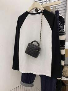 Women's Spring/Autumn New Semester Colorblock Long Sleeve T-Shirt, Casual Loose Slimming Long Crew Neck Top - Black and White - View 7