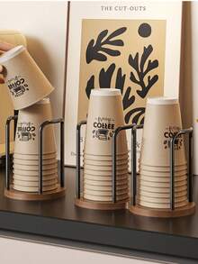 1pc Solid Tone Disposable Cup Holder, Modern Style Wood & Metal Material Double Slot Shape With Curved Frame Detail, Neat Storage Function Paper Cup Dispenser, For Cafe Kitchen Counter Home Office Daily Use All Season Tabletop Decor - Multicolor - View 8