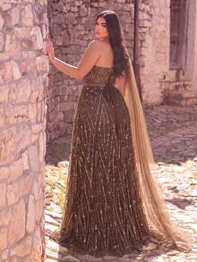 Haute Glamour Plus Plus Size Glamorous One Shoulder Cape Sleeve Sequin Beaded Formal Evening Gown - Coffee Brown - View 3
