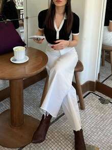 女款翻領前開扣拼接鏤空修身短袖針織套頭上衣，法式優雅輕盈可愛夏季上衣 - 黑色 - 查看 9