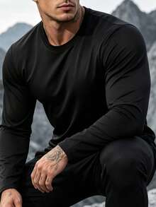 Men's Solid Color Crew Neck Long Sleeve Sports Top - Black - View 1