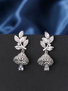 1 Pair Luxury Jhumka Elegant Zirconia Leaf Earrings Fashion Design Bell Earrings Glamorous Bollywood Jhumki, Suitable For Women, Girls Daily, Festival, Wedding And Party Wear/Jewelry Gift - Classic - View 6