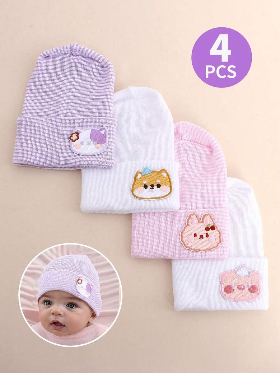 4 Packs Cartoon Animal Patch Baby Beanies, Elastic Ribbed Cuff Knit Newborn Hats Unisex Infant Casual Everyday Headwear - Multicolor - View 1