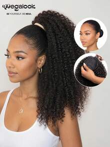 MEGALOOK Afro Kinky Curly 馬尾接髮 100% 真人髮 半頭套輕量無膠安裝 可調節抽繩式半頭套 不掉髮 易佩戴 初學者友善 - SNatural - 查看 2