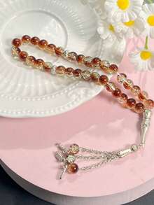 1pc 33-Bead Artificial Crystal Muslim Prayer Beads, Vintage Carved Silver Tube Chain Tassel Tasbih, Luxury High-End Islamic Prayer And Recitation Beads - Multicolor - View 20