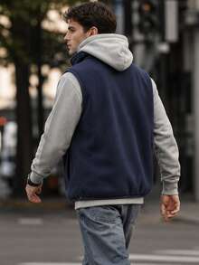 1pc Men's Autumn/Winter Deep Blue Fleece Vest Jacket, Stand Collar Zipper Cardigan, Casual Outdoor Layering - Navy Blue - View 4