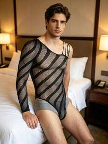 Men's Sexy Fishnet Hollow Out Sheer Lingerie Pajamas, Knitted Elastic Bodywear - Black - View 6