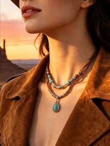 Collar multicapa retro para mujer, cadena de cuello con colgante, accesorio versátil de estilo bohemio. - Multicolor - Ver 4