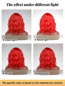 FIVE STARS 4*1 Handmade Wavy Bob Lace Front Full Wig, 14 Inch, Heat-Resistant Synthetic Fiber, Bright Red, Soft Fluffy Waves, Fashionable Style, Suitable For Daily Wear, Festivals, Halloween, Christmas And Portrait Photography - Multicolor - View 8