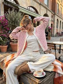 Korean Style Cute Sweet & Spicy Slouchy Vibe, Women's Pink Cable Knit Contrast Collar Cardigan, Long Sleeve Round Neck Button Front Knit Sweater, Autumn Daily Commute Casual Loose Basic Style, Back To School Season - Pink - View 1